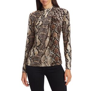 Elie Tahari Snake Print Faux Wrap Long Sleeve Blouse Neutral Brown Tan Small